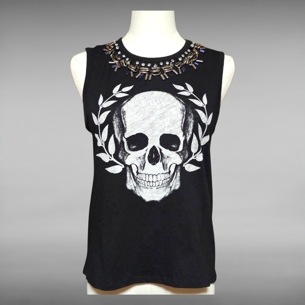 Express Skull Graphic Embellished Necklace Muscle Tank Edgy Rocker Grunge